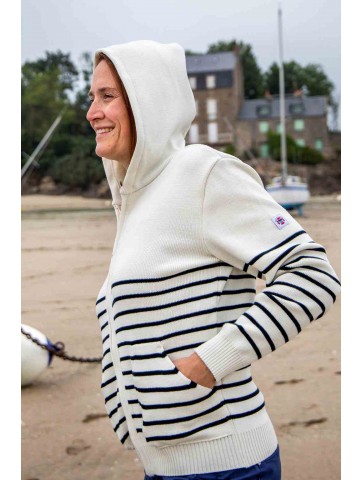 gWENN striped hood vest ecru / marine blue - 50% wool comfort fit