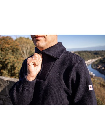 Men's sweater collar CAMIONNEUR HAUTE DENSITE navy blue wool - comfort fit