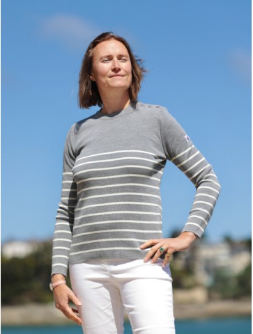 Sailor sweater striped AVEYRON pearl/ecru - 50% wool slim fite