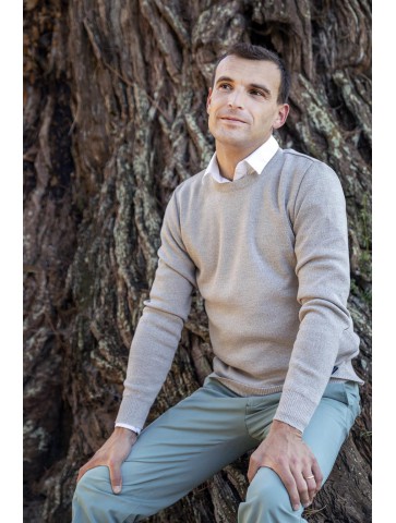 Round neck sweater PETIT HELICE beige - worn - 50% wool slim fite