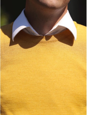 Round neck sweater PETIT HELICE safran - worn - 50% wool slim fite