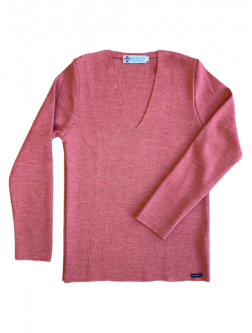 Pull col V MARIE GALANTE framboise - 50% laine coupe confort
