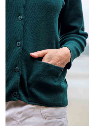 gilet col rond BERNIC vert - 50% laine coupe droite, poches plaquées.