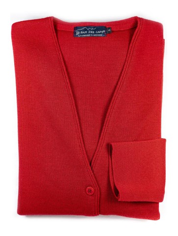 Veste col V PEN GUEN rouge - 50% laine coupe droite, avec deux poches.