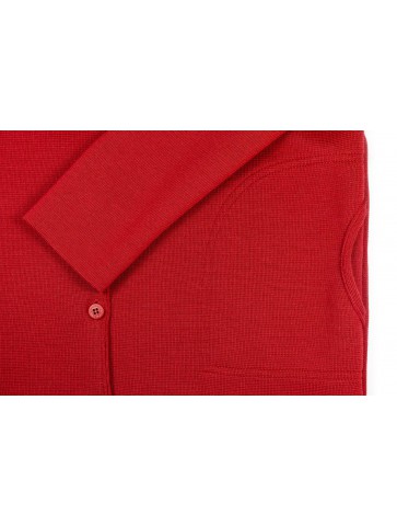 Veste col V PEN GUEN rouge - 50% laine coupe droite, avec deux poches.