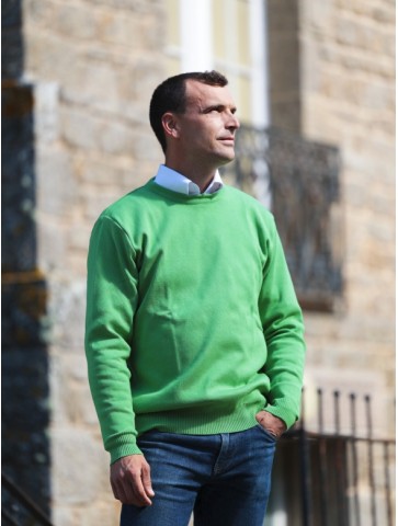 Pull col rond HELICE vert pomme - 50% coton coupe confort