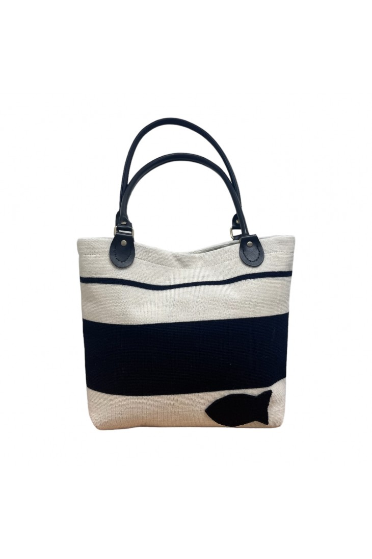 Handbag LAINE BOUILLIE with handles Ecru marine liseré - Face