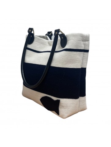 Handbag LAINE BOUILLIE with handles Ecru marine linen - From 3/4