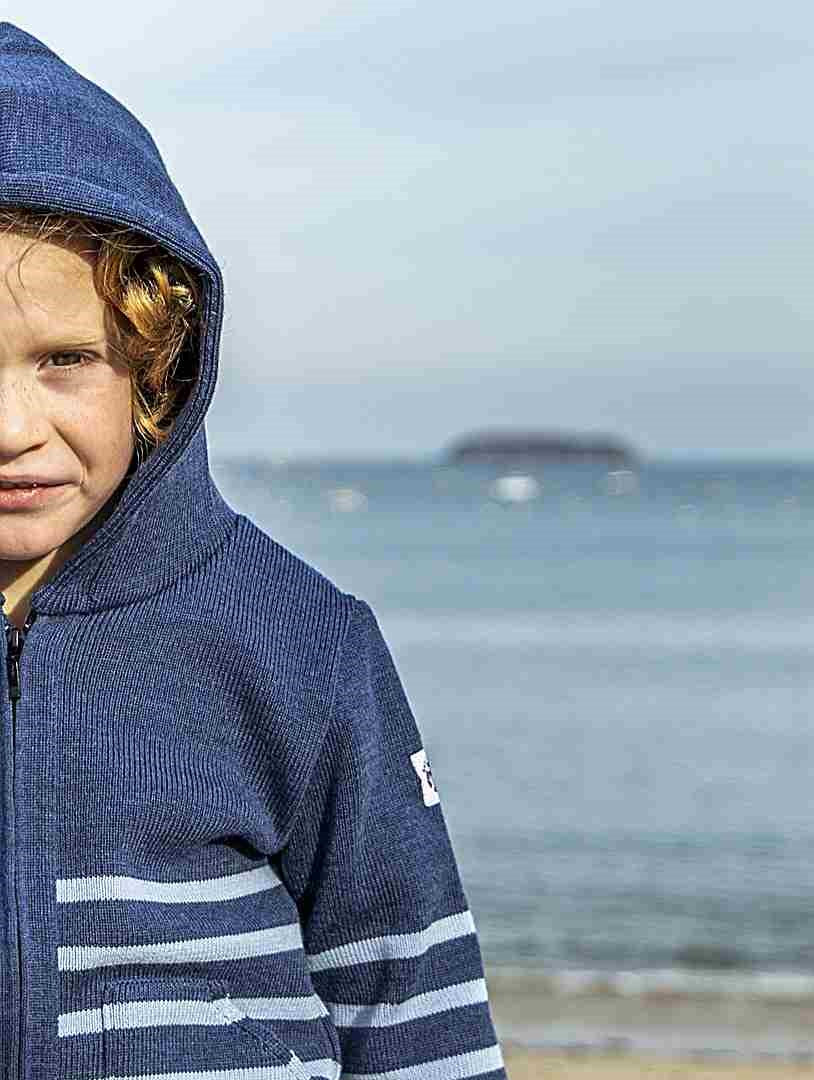 Gilet zippé à capuche enfant rayé jean ciel