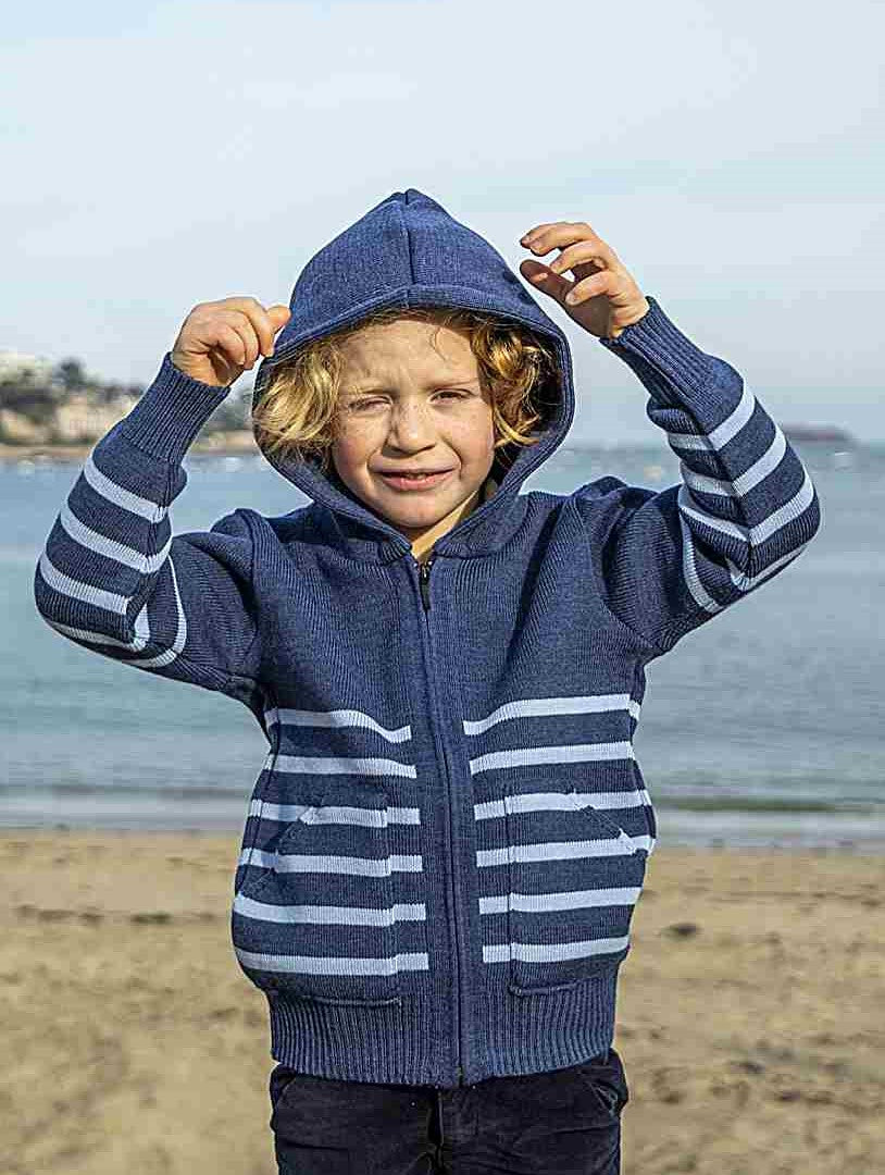 Gilet zippé à capuche enfant raye jean ciel