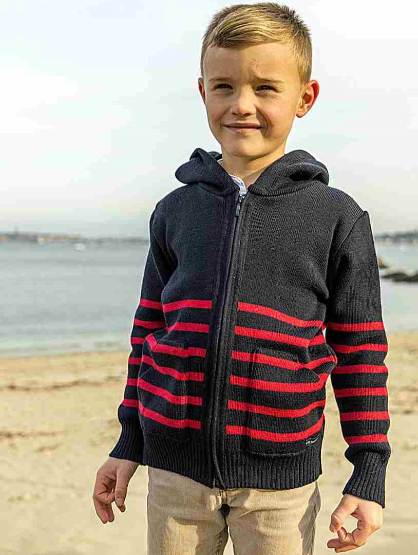 Gilet zippé à capuche enfant rayé marine rouge