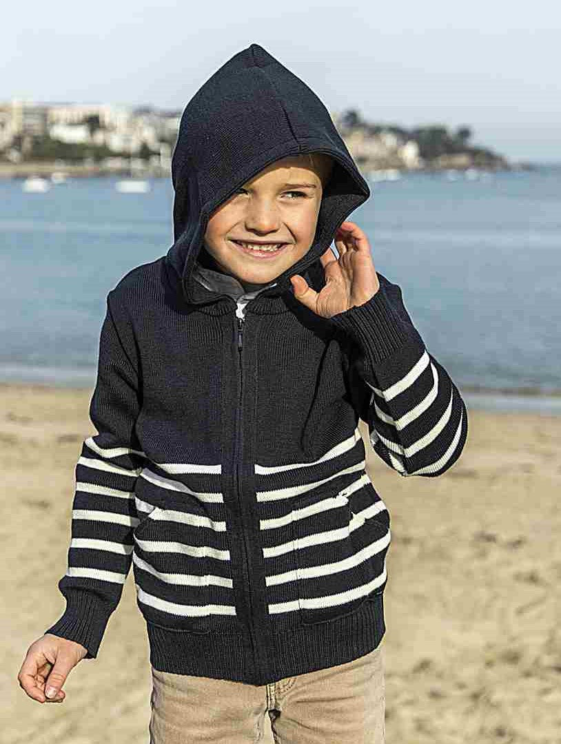 Gilet zippé à capuche enfant raye marine ecru