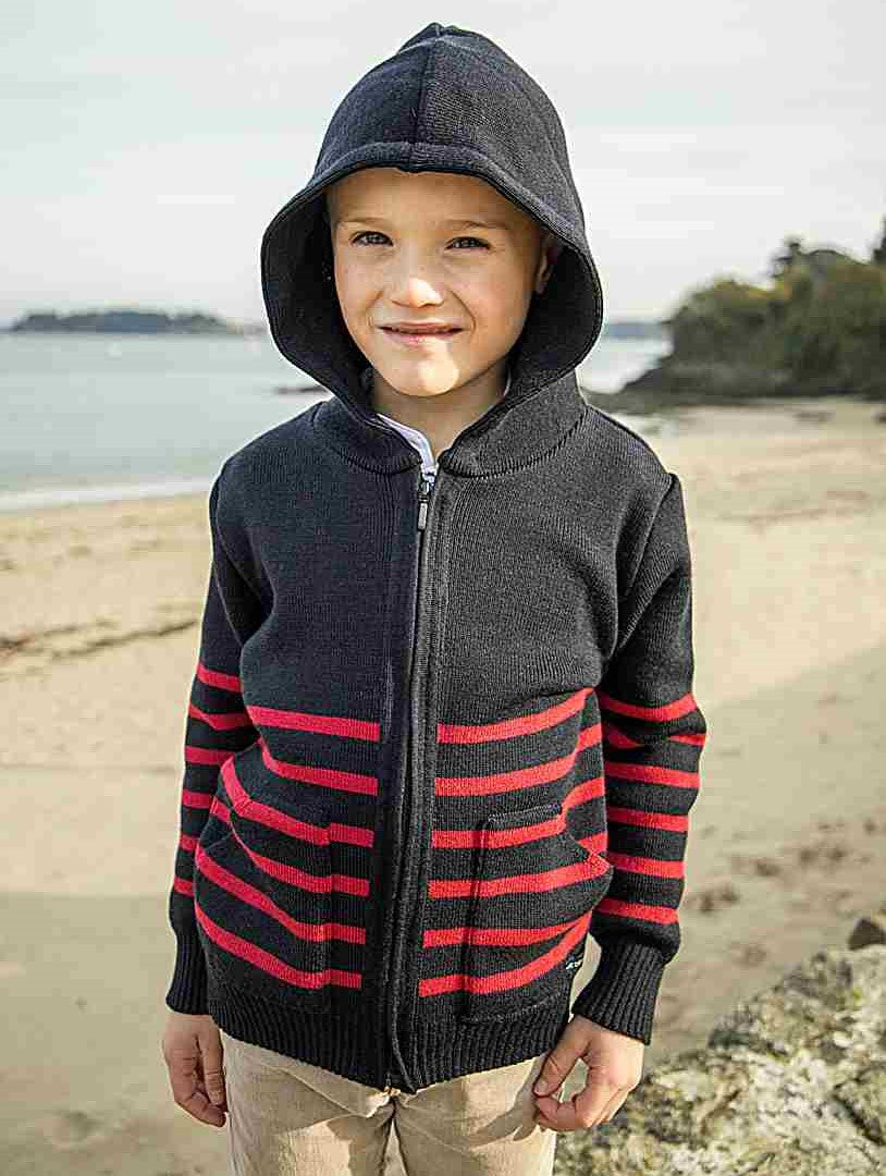 Gilet zippé à capuche enfant rayé marine rouge