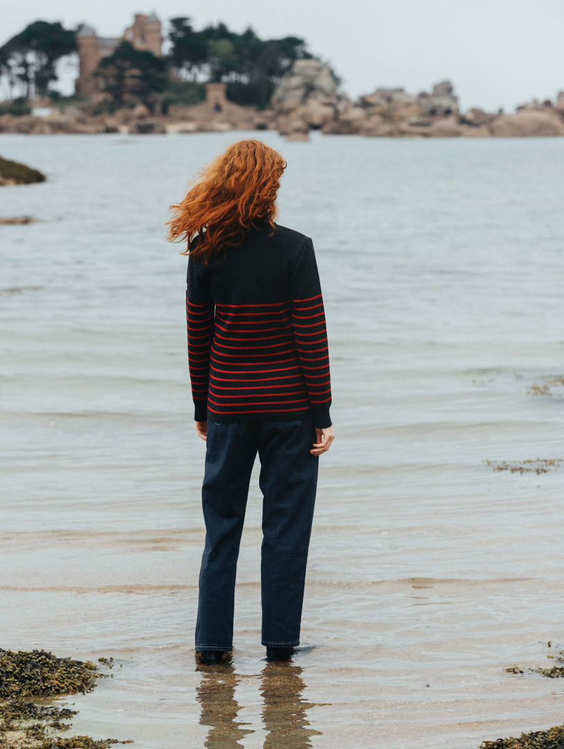 Pull marin ajuste femme anthracite rouge