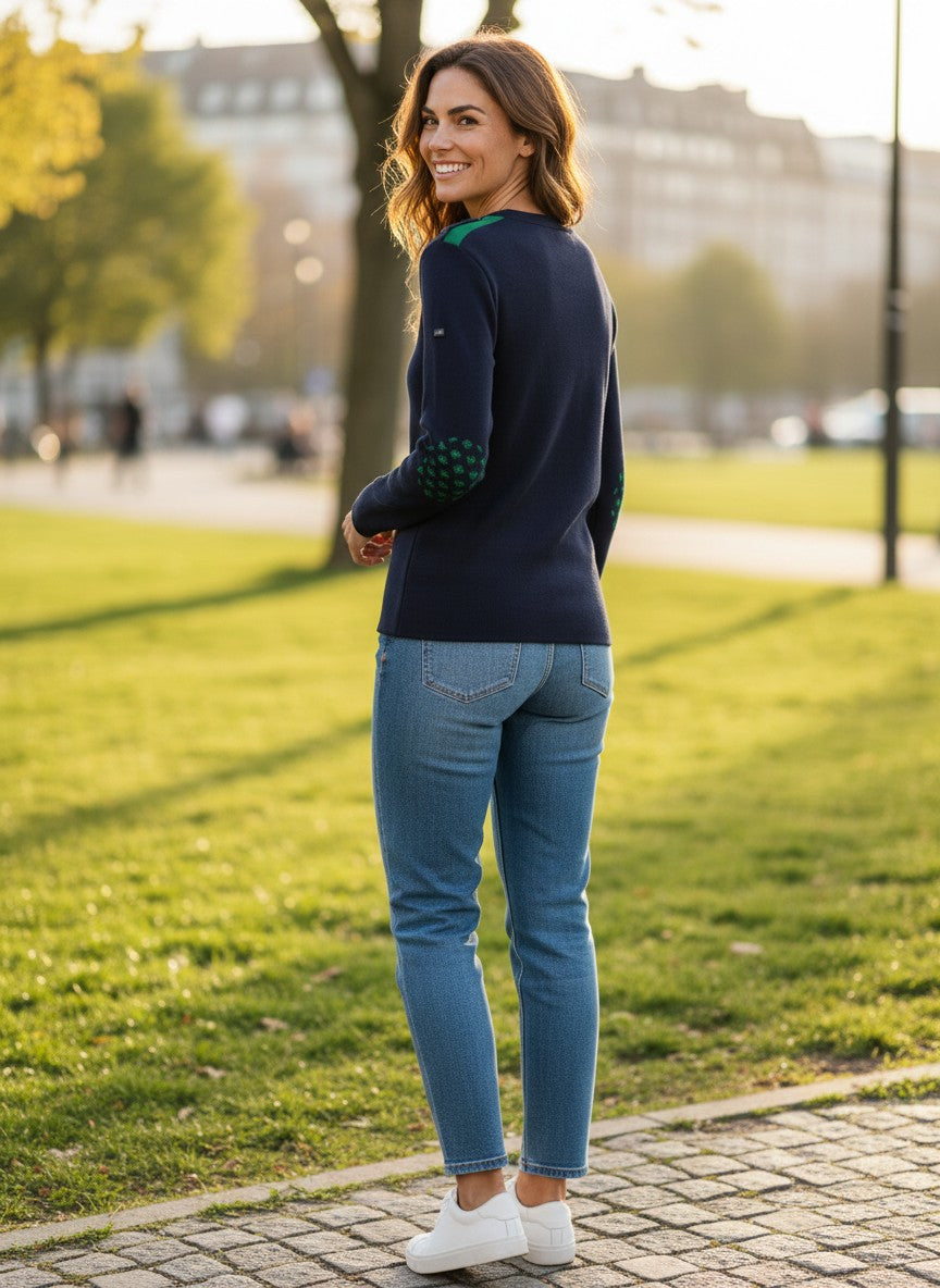 Baie des Caps navy blue fine knit wool blend women's sailor sweater with green Fleur de Lys elbow patches and shoulder detail.