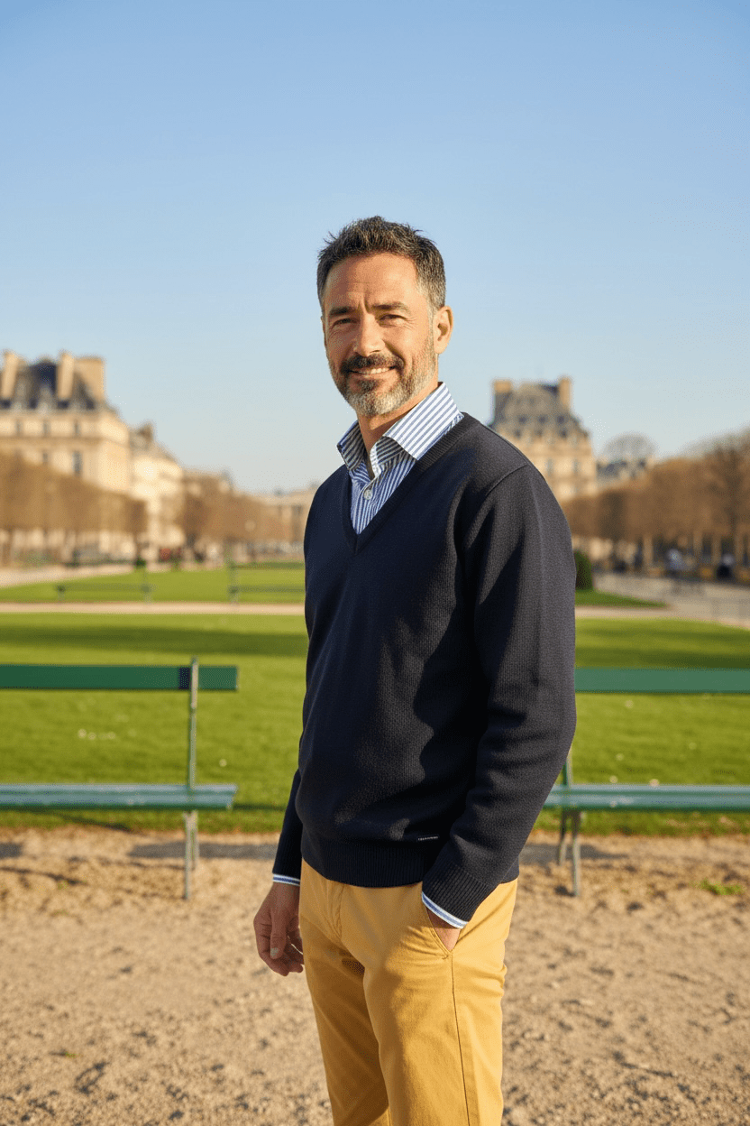 Pull col V citadin marine helice laine merinos acrylique  — Coupe ample homme - Vision debout-  Baie des Caps