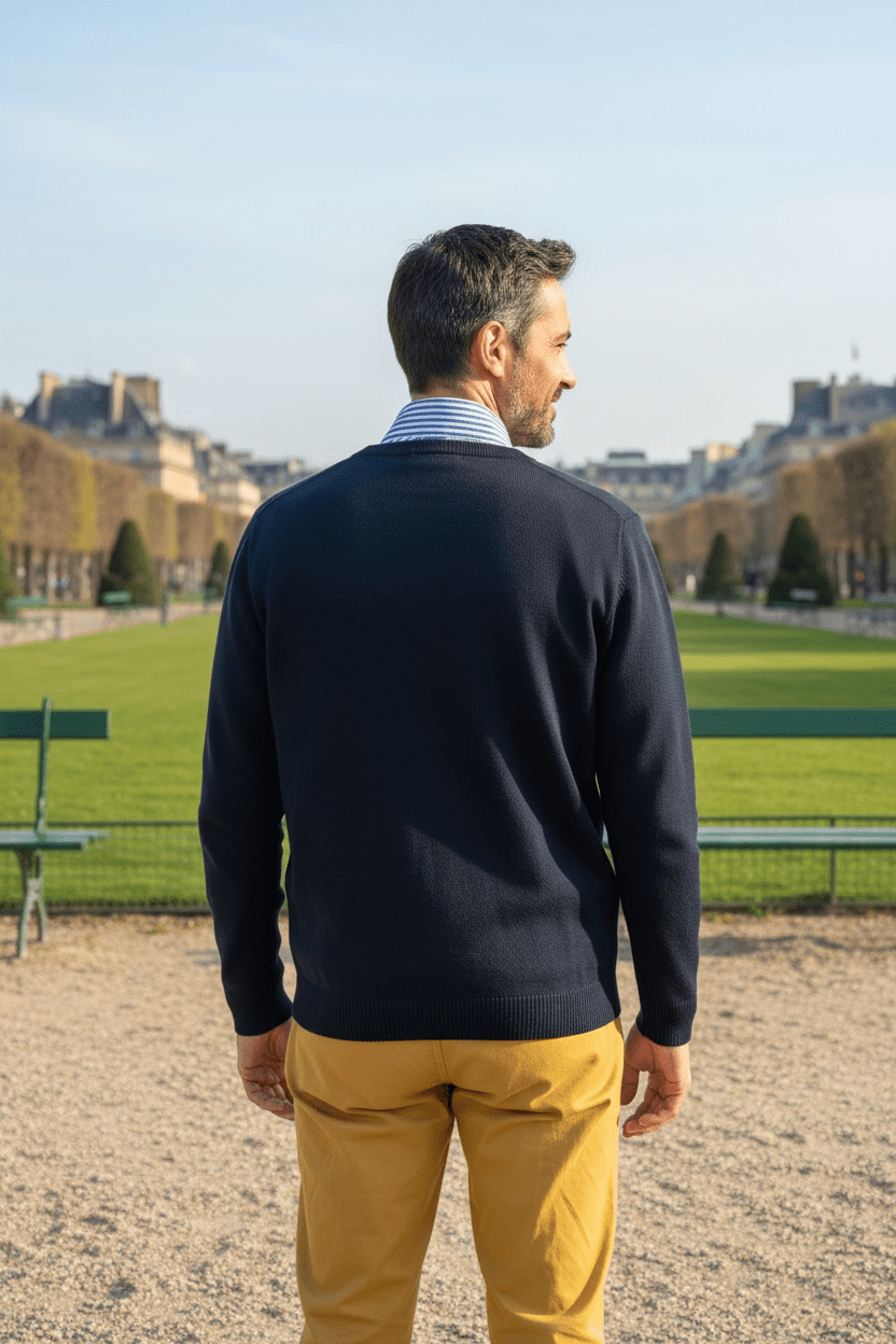 Pull citadin marine helice laine merinos acrylique  — Coupe ample homme - Vision dos-  Baie des Caps