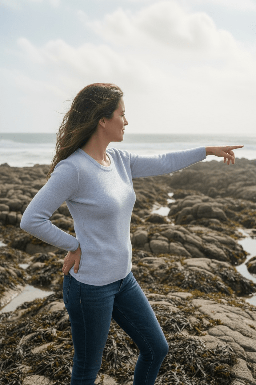 Pull femme ROSCOFF iceberg en laine mérinos, col rond, fabrication française. profil