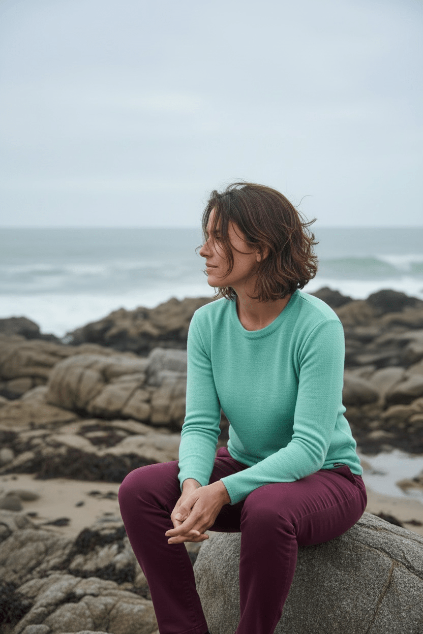 Pull femme ROSCOFF bleu lagon  en laine mérinos, col rond, fabrication française. Vue assise