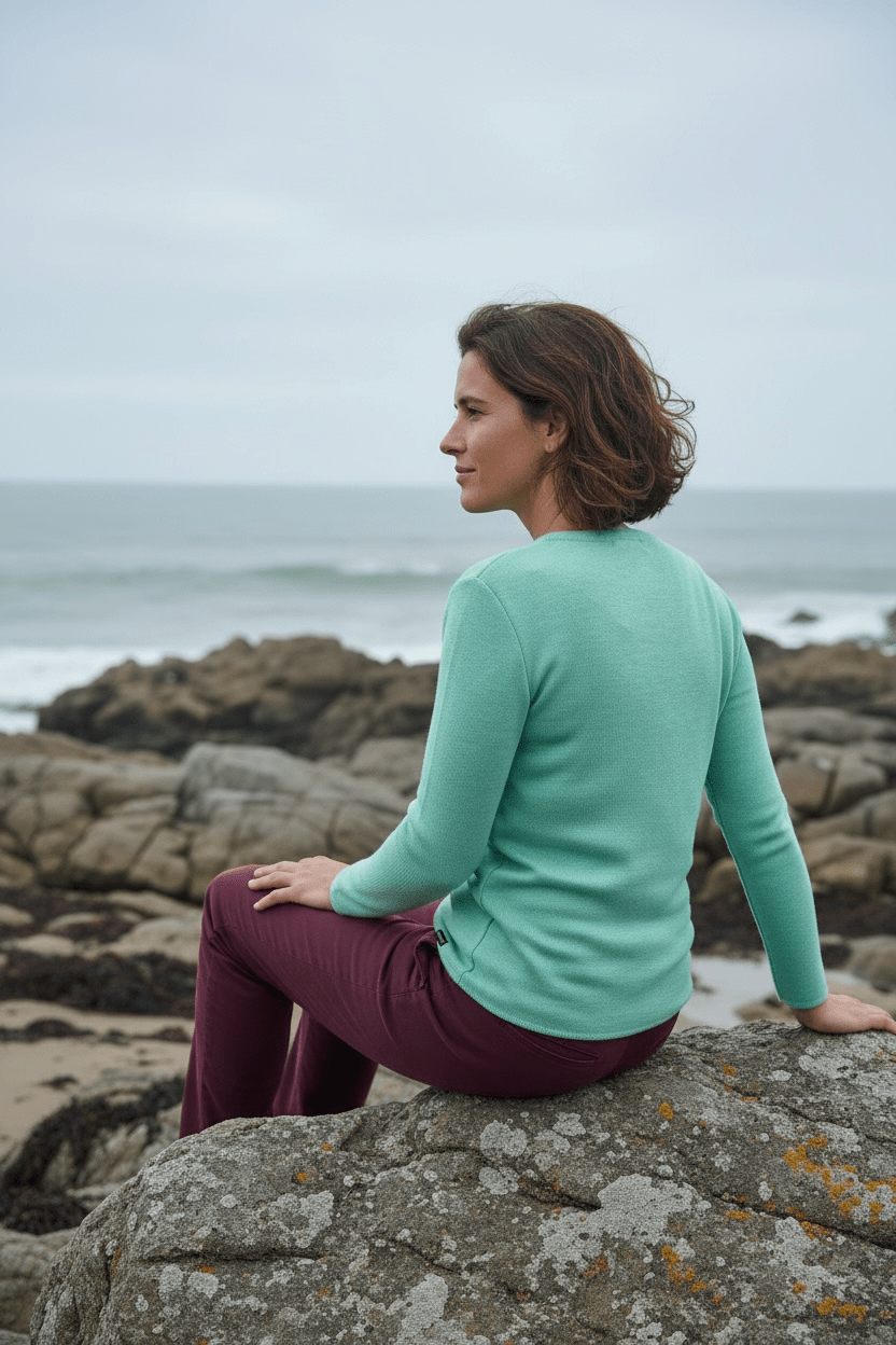 Pull femme ROSCOFF bleu lagon en laine mérinos, col rond, fabrication française. Vue de dos