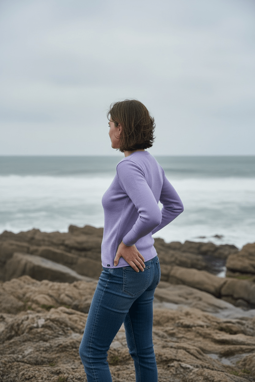 Pull femme ROSCOFF lavande en laine mérinos, col rond, fabrication française. Vue de dos