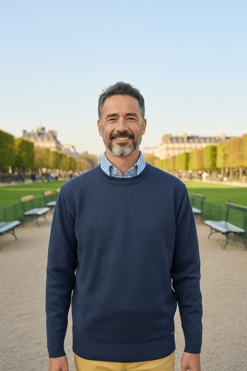 Pull col rond citadin marine helice laine merinos acrylique  — Coupe ample homme - Vision debout-  Baie des Caps