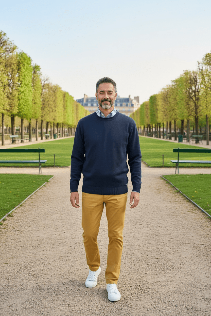 Pull col rond citadin marine helice laine merinos acrylique  — Coupe ample homme - Vision debout-  Baie des Caps