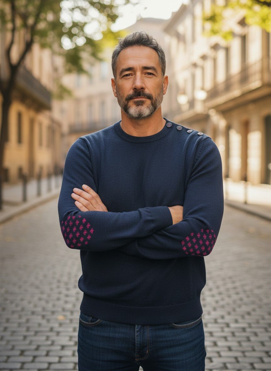 Baie des Caps navy blue 50% wool fine knit sweater with pink fleur-de-lis elbow patches and shoulder buttons.