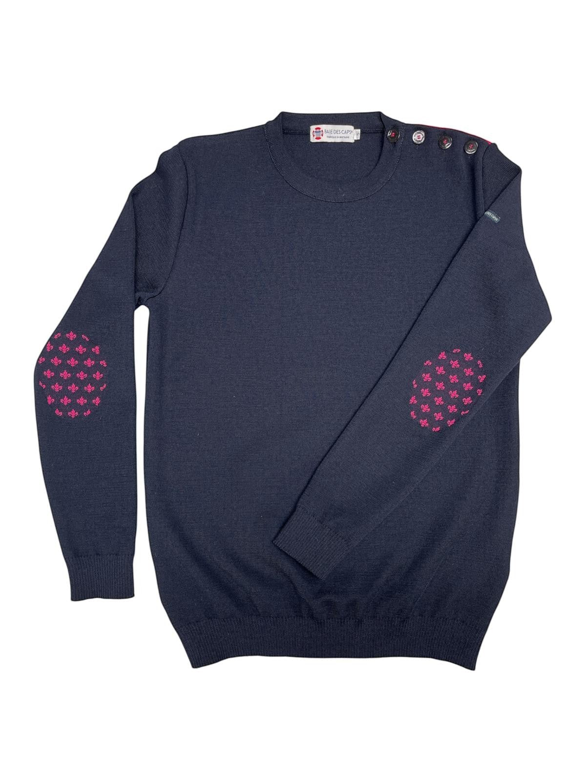 Baie des Caps navy blue 50% wool fine knit sweater with pink fleur-de-lis elbow patches and shoulder buttons.