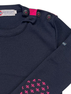 Baie des Caps navy blue fine knit wool blend sweater with pink floral detail on elbow patches and shoulder buttons.