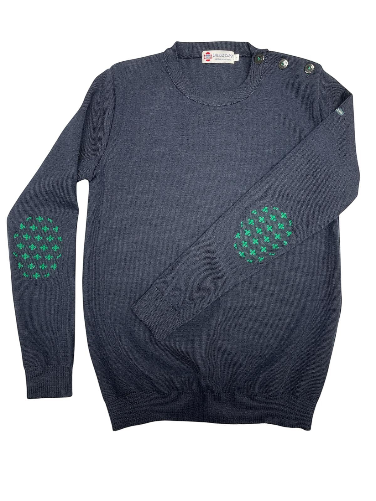 Baie des Caps dark grey 50% wool fine knit sweater with green fleur-de-lis elbow patches and shoulder buttons.