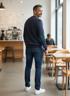 Baie des Caps dark grey 50% wool fine knit men's sweater with green fleur-de-lis elbow patches and shoulder buttons.