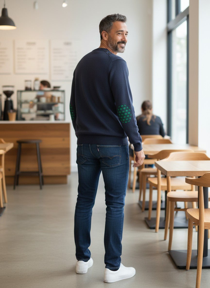 Baie des Caps dark grey 50% wool fine knit men's sweater with green fleur-de-lis elbow patches and shoulder buttons.