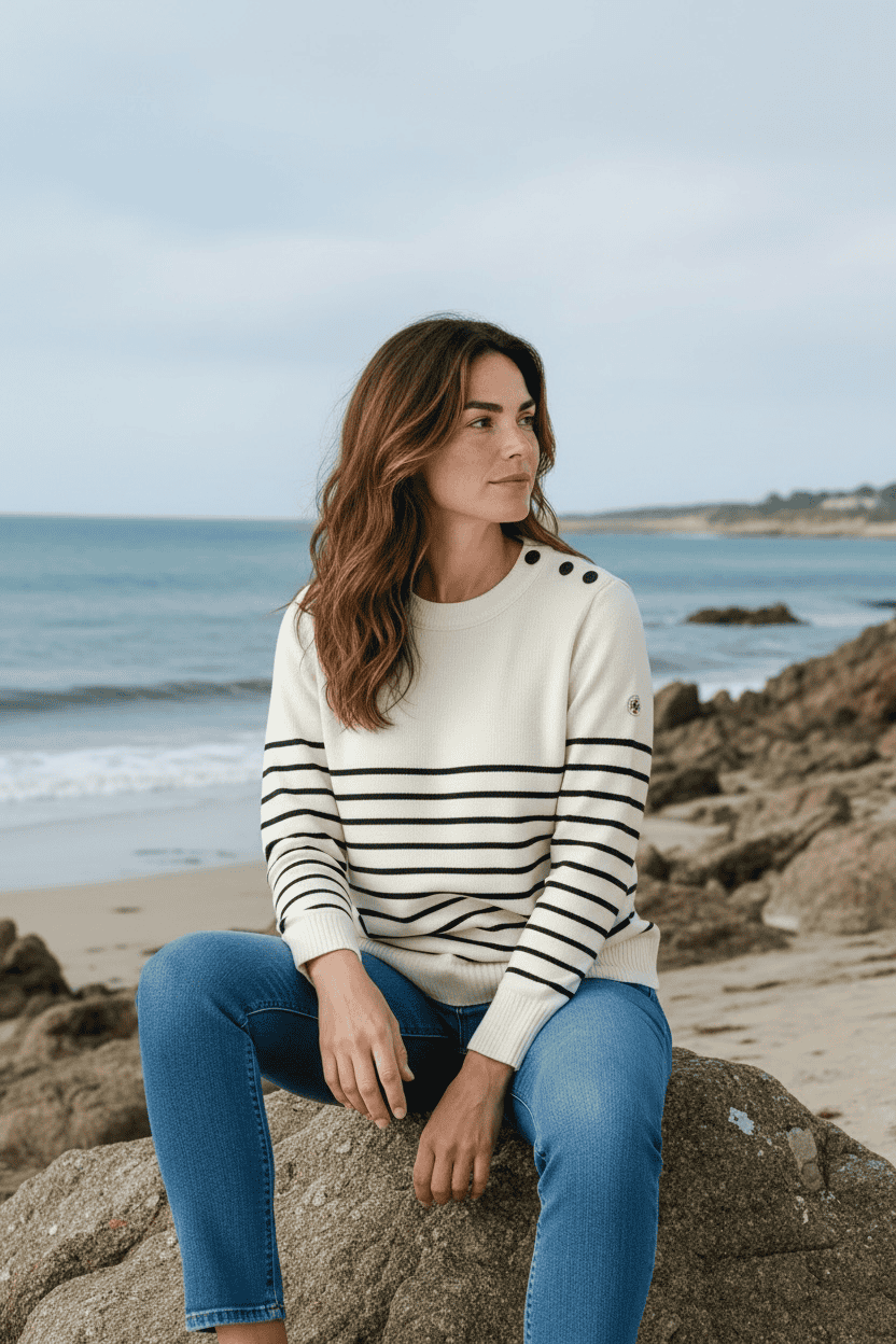 Pull marin Erquy 50% laine mérinos — Coupe ample femme - Baie des Caps