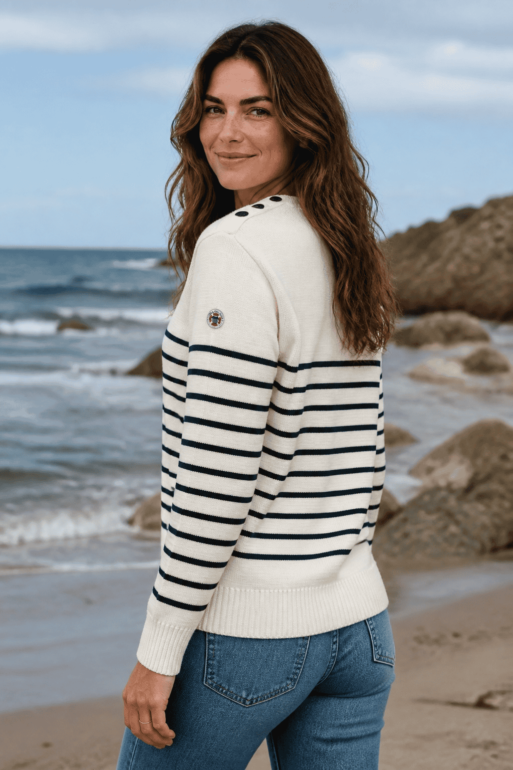 Pull marin Erquy 50% laine mérinos — Coupe ample femme - Baie des Caps