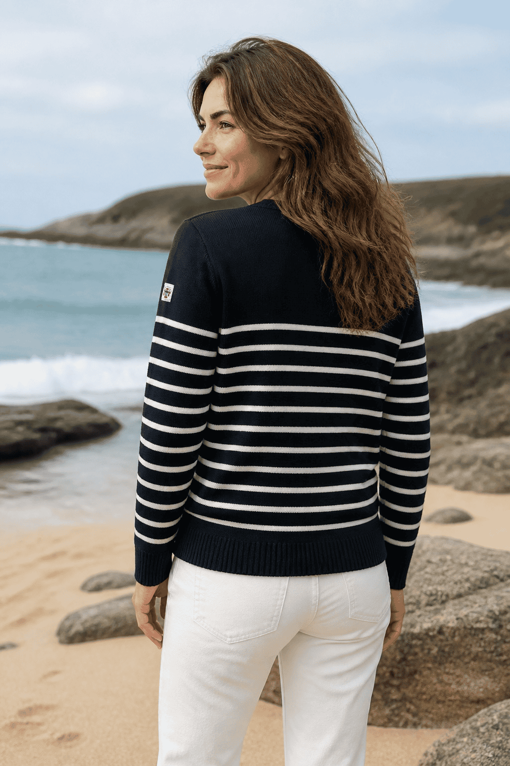 Pull marin Erquy 50% laine mérinos — Coupe ample femme - Baie des Caps