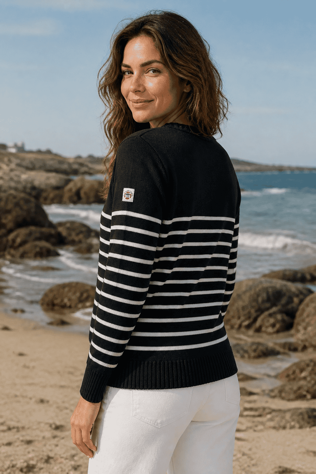 Pull marin Erquy 50% laine mérinos — Coupe ample femme - Baie des Caps