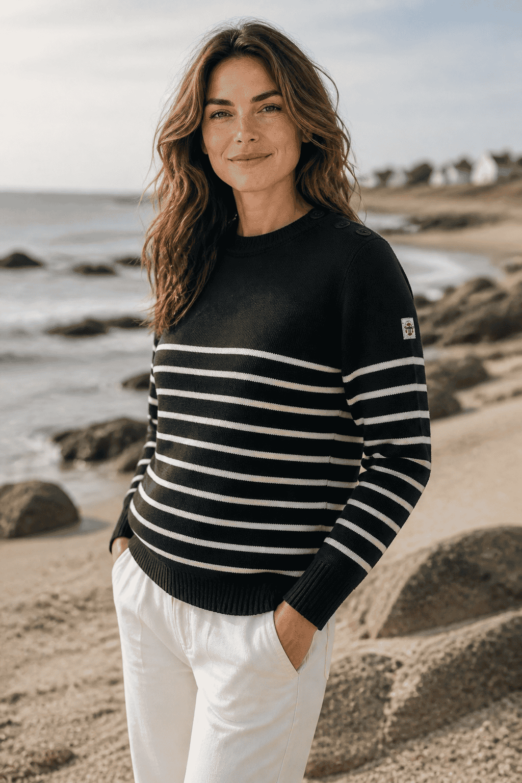 Pull marin Erquy 50% laine mérinos — Coupe ample femme - Baie des Caps
