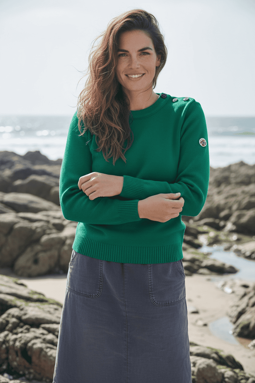Pull marin Erquy 50% laine mérinos — Coupe ample femme - Baie des Caps