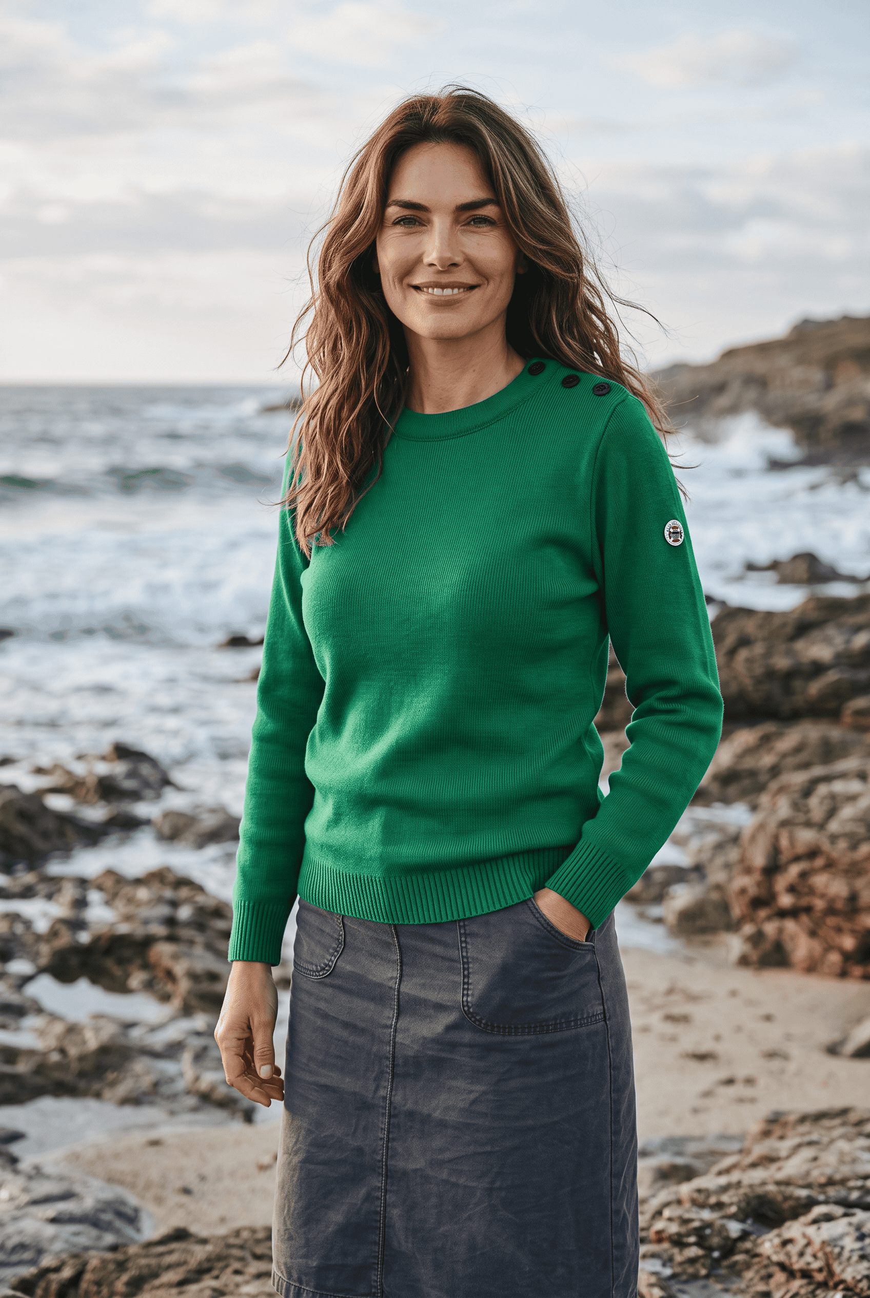 Pull marin Erquy 50% laine mérinos — Coupe ample femme - Baie des Caps
