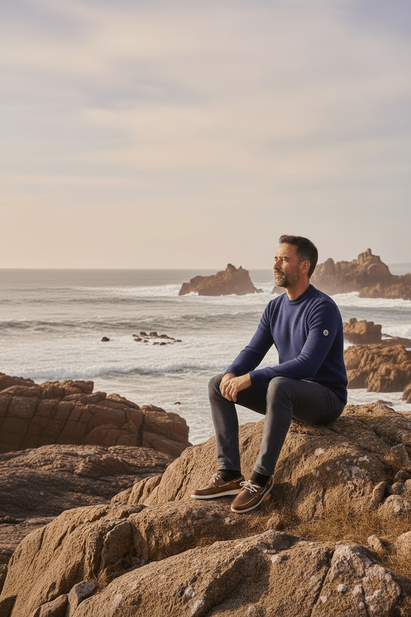Pull marin homme ajusté « Petit Erquy » – Bleu roi - Baie des Caps. Vue assis