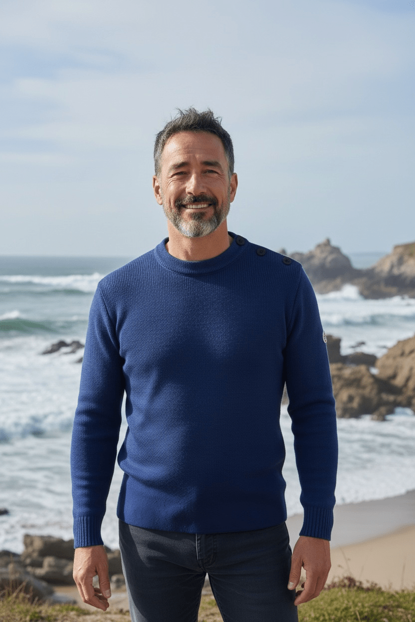 Pull marin homme ajusté « Petit Erquy » – Bleu roi - Baie des Caps. Vue en buste