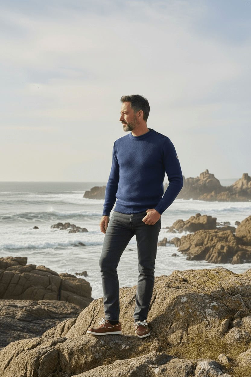 Pull marin homme ajusté « Petit Erquy » – Bleu roi - Baie des Caps. Vue en pied