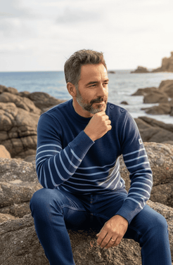 Pull marin Petit Erquy – Laine mérinos et rayures bretonnes - Baie des Caps