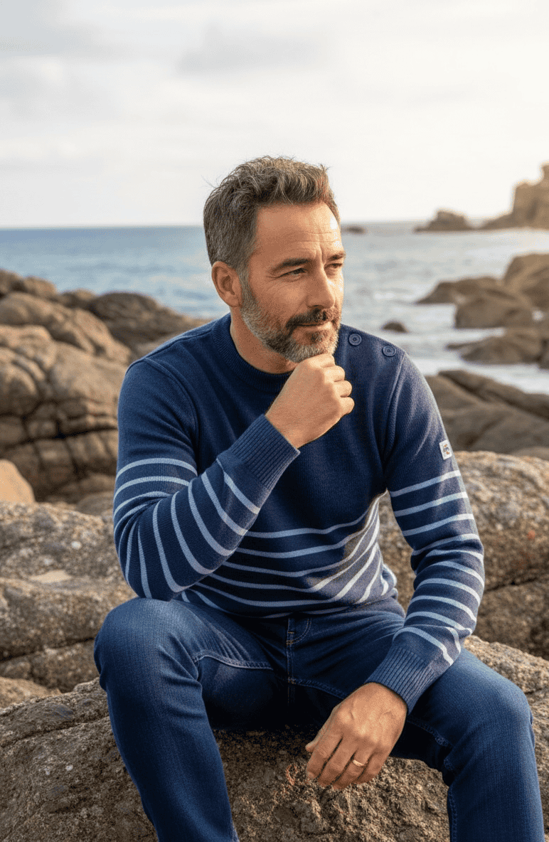 Pull marin Petit Erquy – Laine mérinos et rayures bretonnes - Baie des Caps
