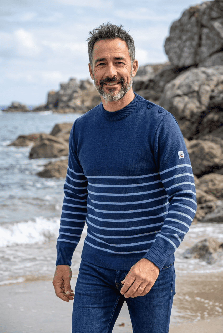 Pull marin Petit Erquy – Laine mérinos et rayures bretonnes - Baie des Caps