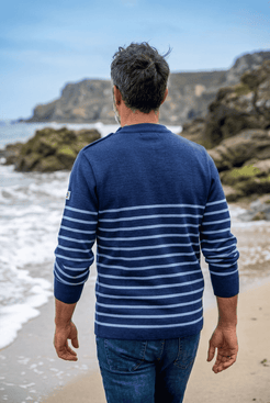 Pull marin Petit Erquy – Laine mérinos et rayures bretonnes - Baie des Caps