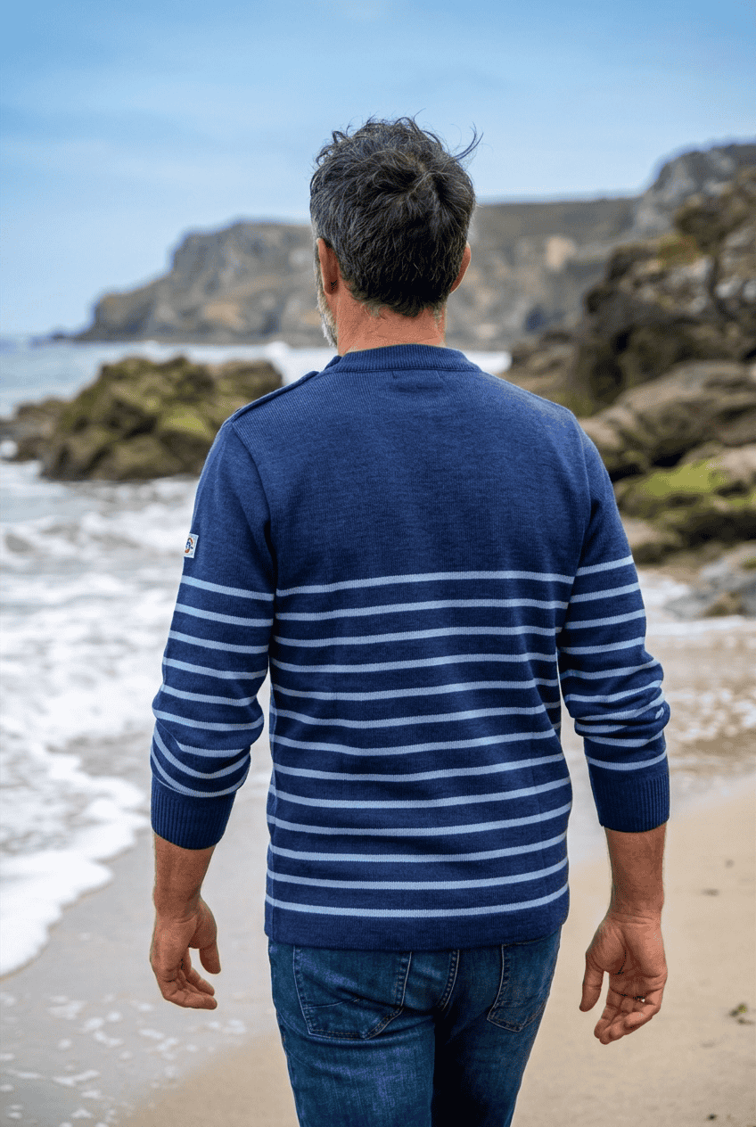 Pull marin Petit Erquy – Laine mérinos et rayures bretonnes - Baie des Caps