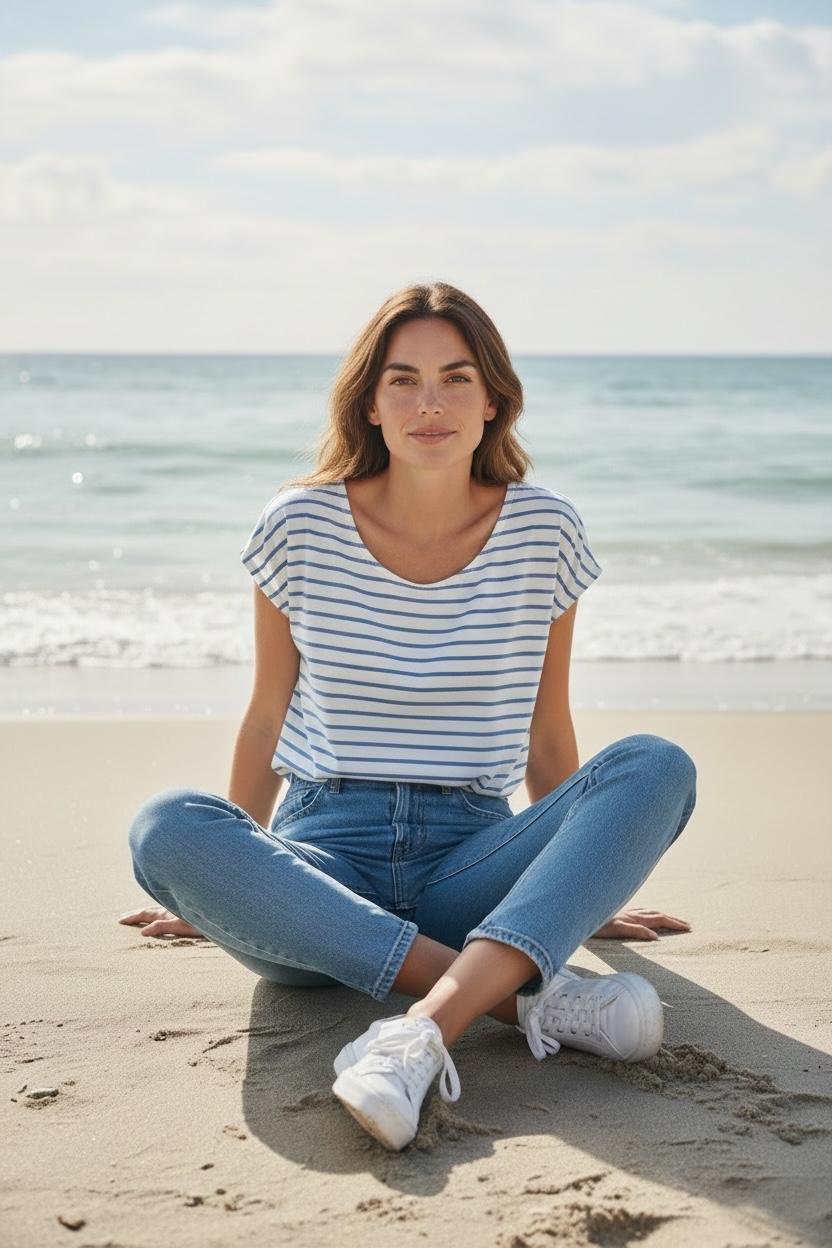 Débardeur femme manches courtes blanc et ciel look frais et estival