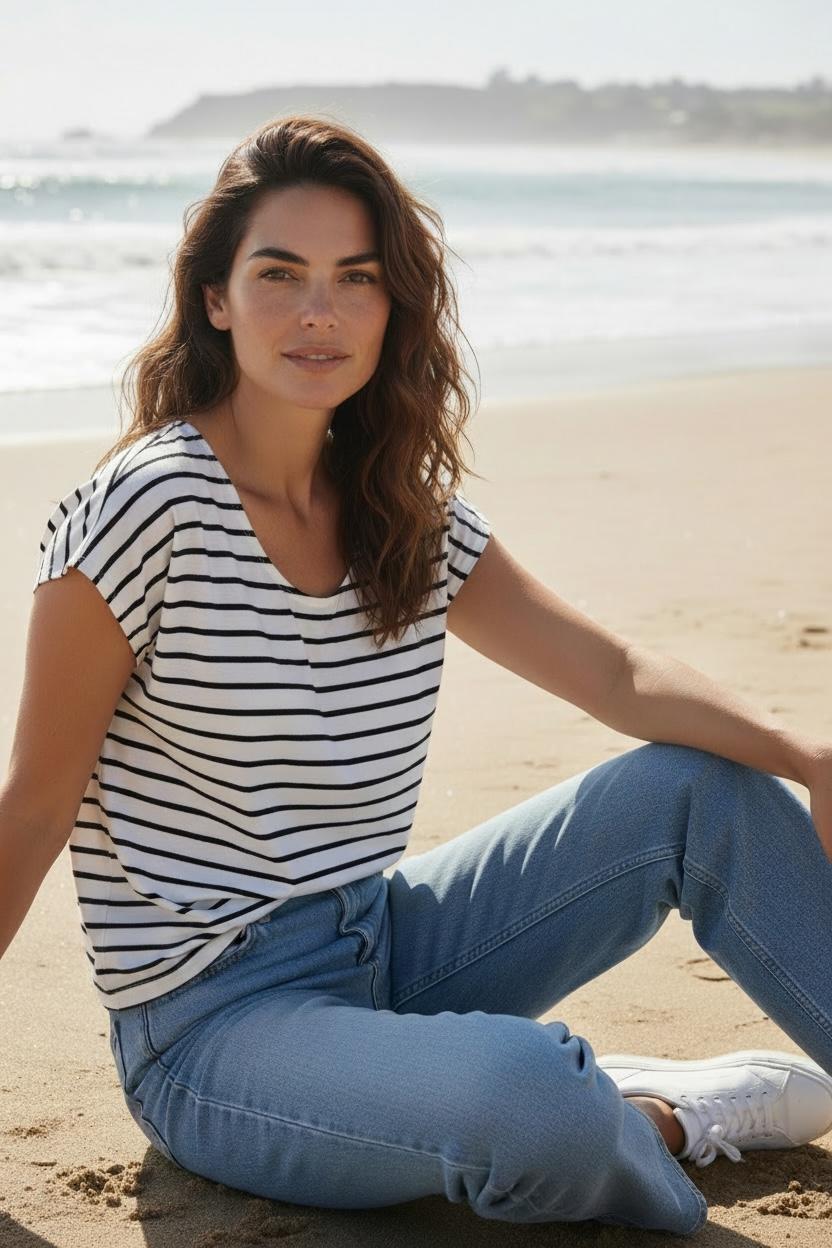 Débardeur femme manches courtes blanc et marine style bord de mer chic